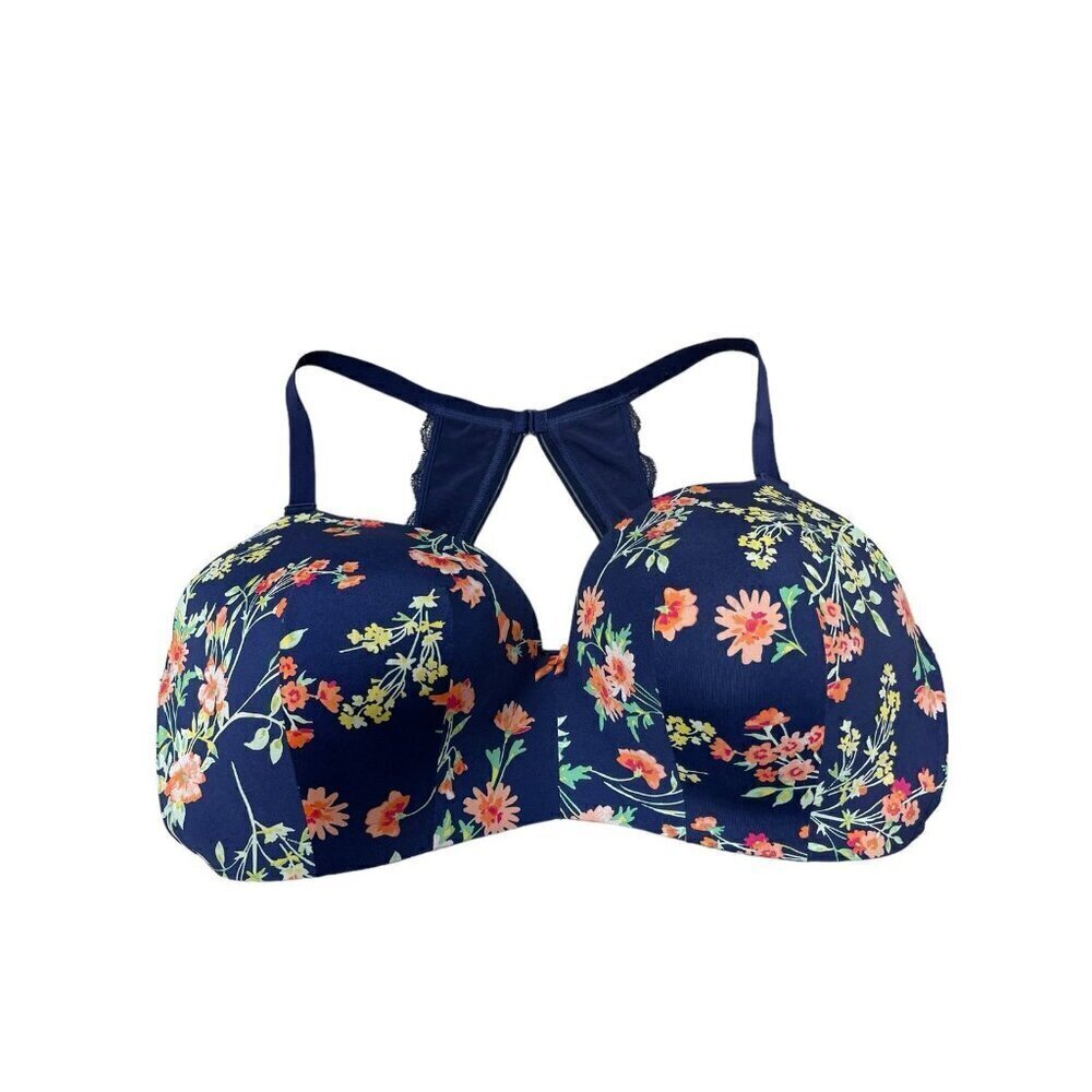 Cacique Lane Bryant Navy Blue Floral SWF LL TShirt with Lace Back Bra Size 44DDD